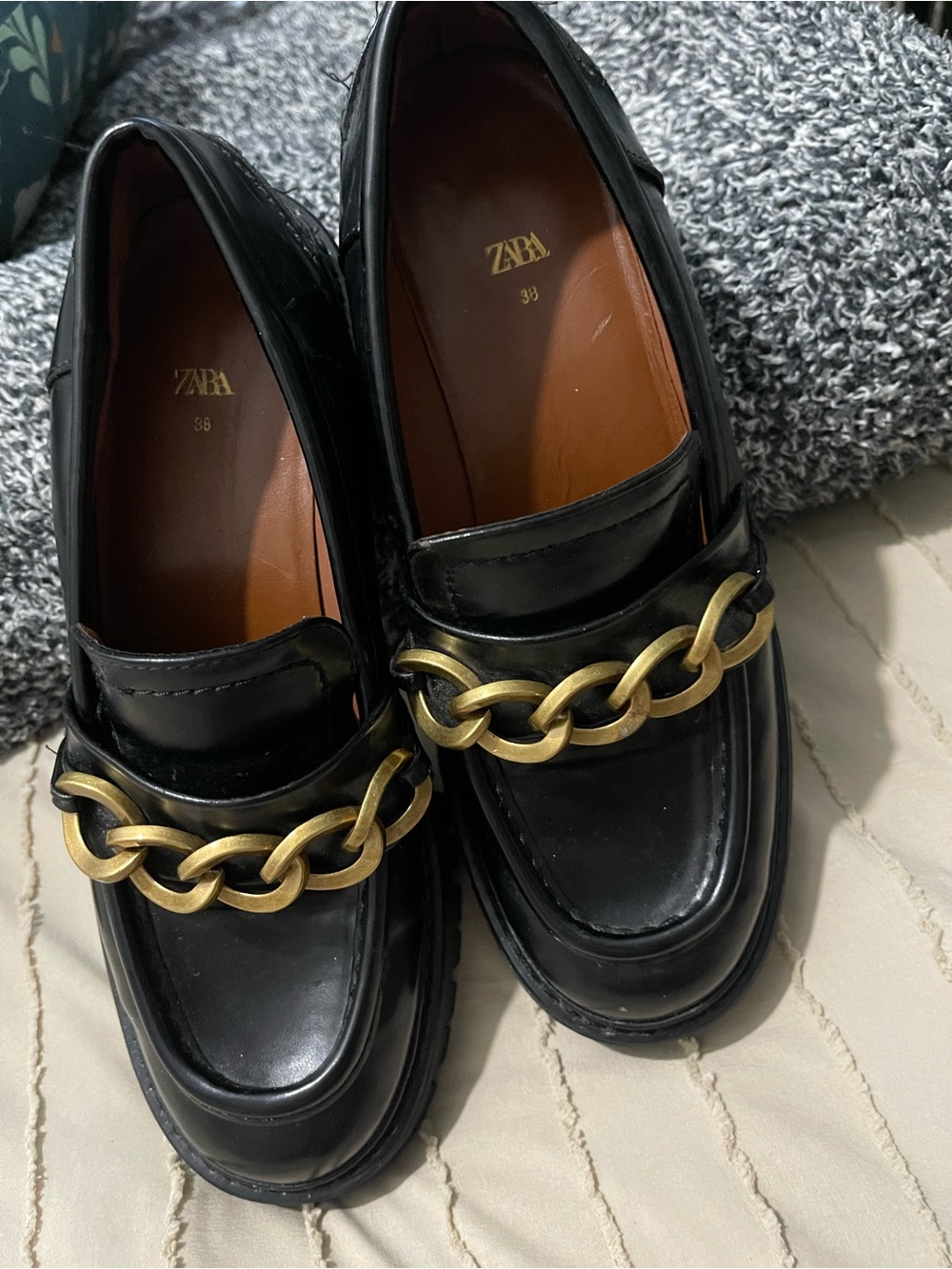 ZARA Black Loafers with Gold Chain Detail